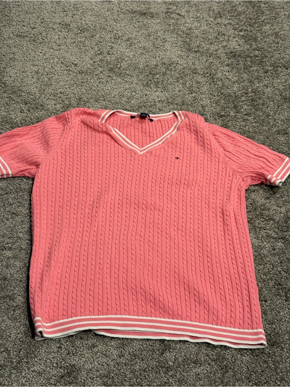 Tommy Hilfiger Coral Pink V-Neck Cable Knit Short-Sleeve Sweater